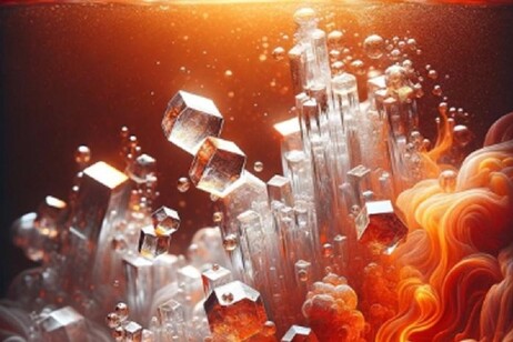 Rappresentazione artistica dei cristalli di silice che risalgono dallo strato esterno del nucleo terrestre (fonte: Dan Shim/ASU)