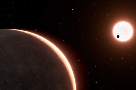 Rappresentazione artistica del pianeta LTT 1445Ac, in transito davati alla sua stella (fonte: NASA, ESA, Leah Hustak/STScI)