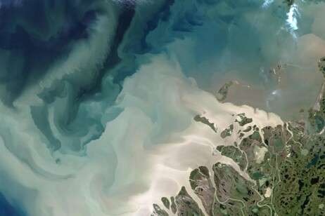 Il fiume Mackenzie fotografato da satellite nel 2017, mentre scarica nell'Oceano Artico i sedimenti