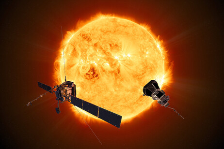 Rappresentazione artistica dell'allineamento delle sonde Solar Orbiter e Parker Solar Probe (fonte: Solar Orbiter: ESA/ATG medialab; Parker Solar Probe: NASA/Johns Hopkins APL)