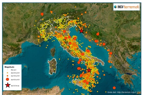La mappa dei terremoti avvenuti in Italia nel 2023 (fonte: INGV)