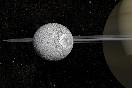 Rappresentazione artistica di Mimas, una delle lune di Saturno (fonte: Frédéric Durillon, Animea Studio | Observatoire de Paris – PSL, IMCCE)