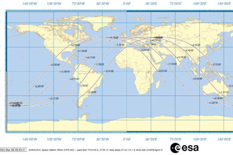 Nella mappa è indicata la possibile zona di rientro di EP-9 (fonte: ESA)