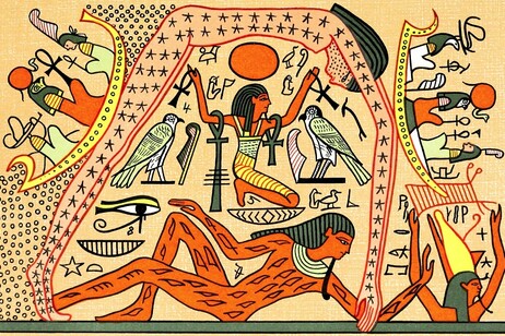 La dea Nut inarcata sopra il dio della Terra Geb (fonte: E. A. Wallis Budge, The Gods of the Egyptians, Vol. 2, Methuen &amp; Co., 1904)